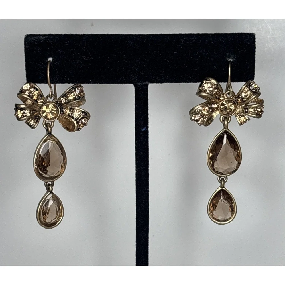 ABS Allen Schwartz Bow Dangle Earrings Champagne Glass Rhinestone Gold Tone